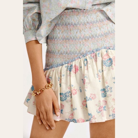 LoveShackFancy Floral Mini Skirt in Cream and Blue - Picture 6 of 15